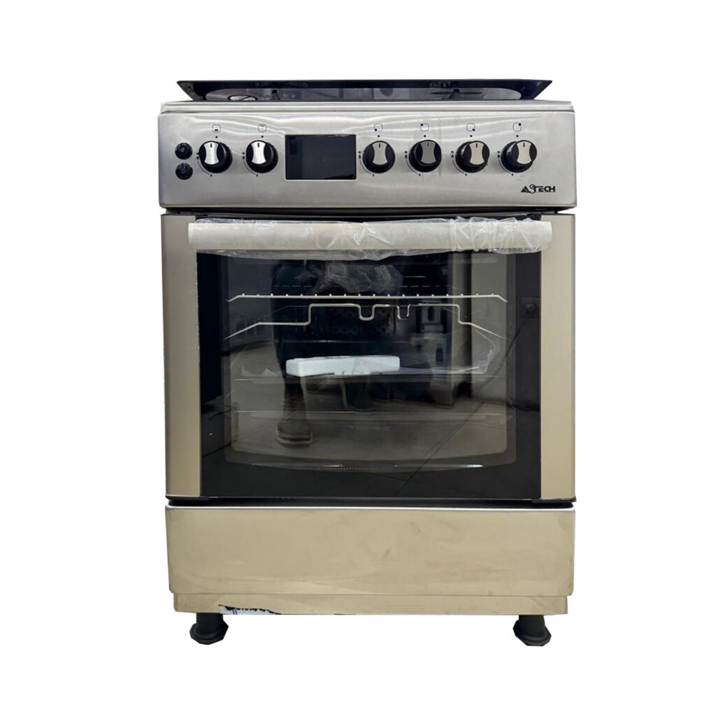 CUISINIERE ASTECH 4FEUX 60X60 A GAZ AVEC ECRAN + FOUR A GAZ ET CHAULEUR TOURN INOX CK66ELCF