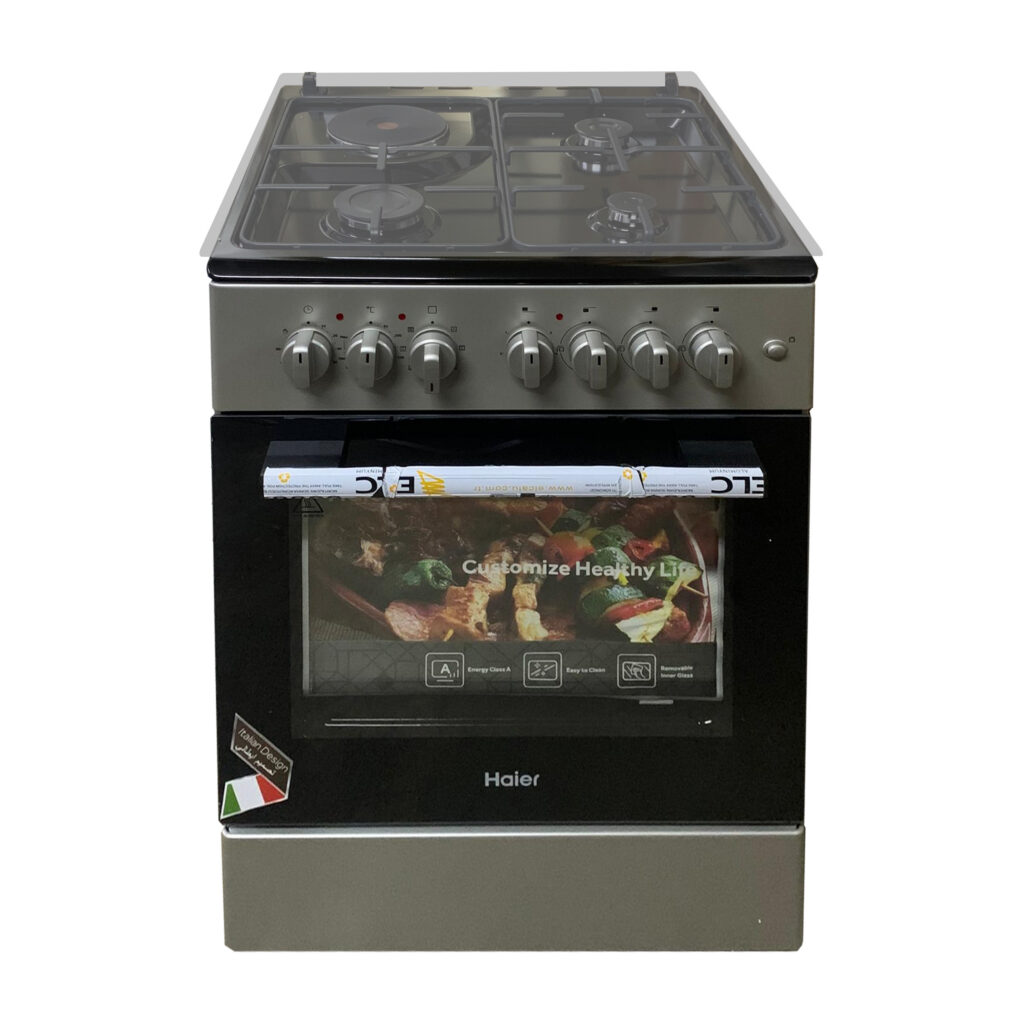 CUISINIERE HAIER 4FEUX 60X60 3FEUX GAZ 1FEUX ELECTRIQUE + FOUR ELECTRIQUE GRIS NOIR HCR2031EESB